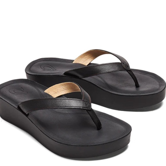 OluKai Shoes - Womens Olukai Mala'e Leather Wedge Sandal Black 10